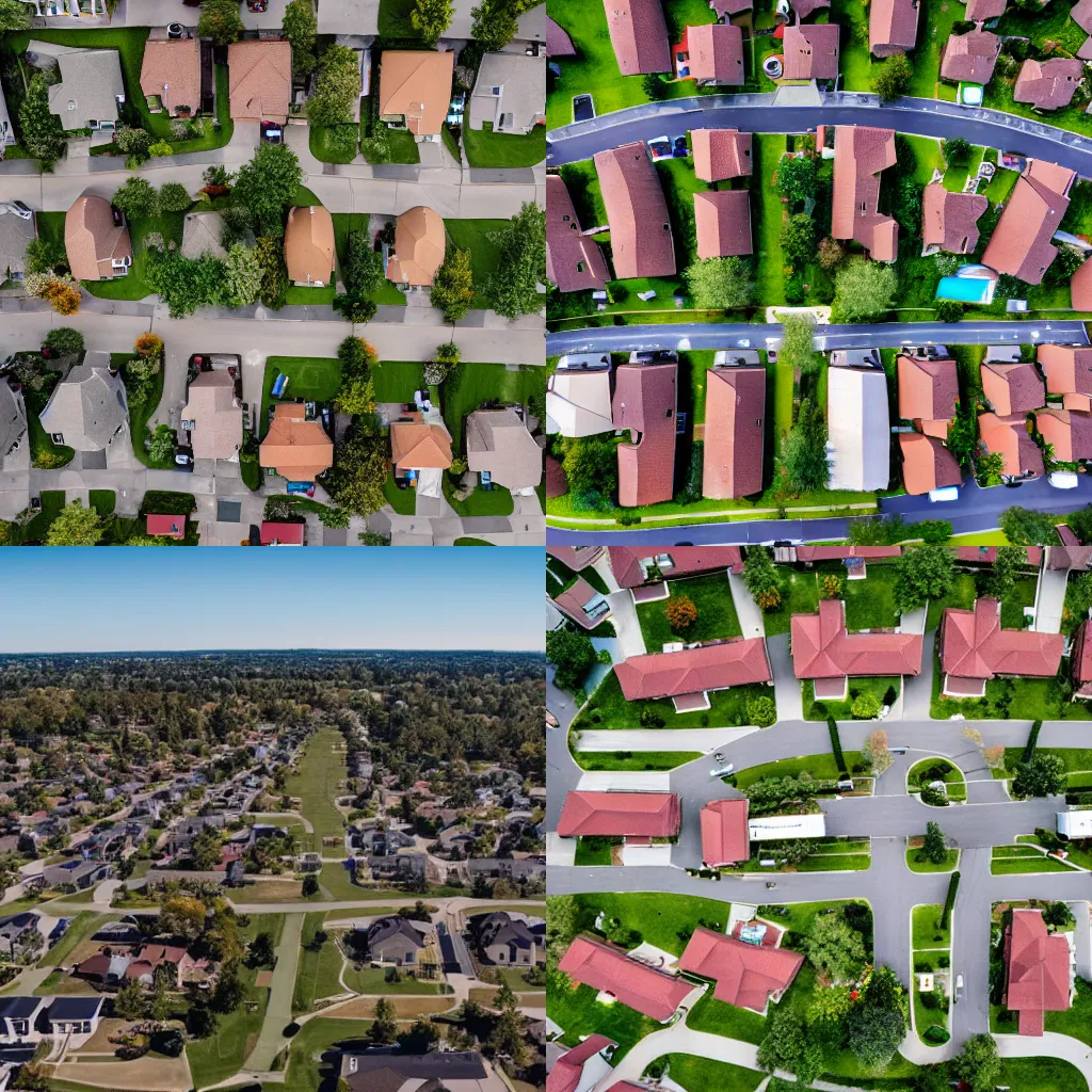 Prompt: drone view of a suburb in america