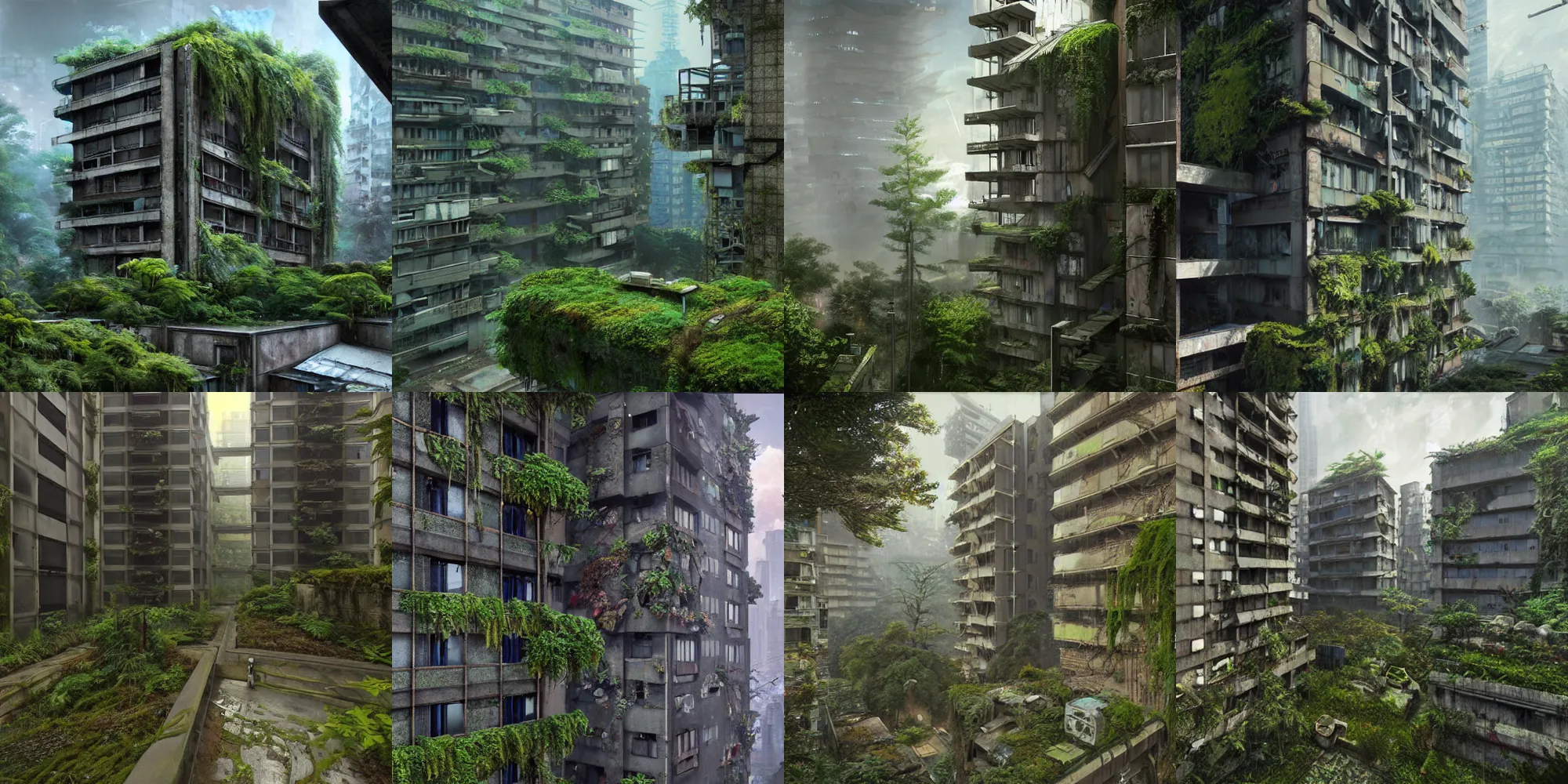 Prompt: a wonderously complicated painting of an abandoned japanese cyberpunk brutalist appartment being retaken by nature by greg rutkowski and thomas kinkade, dense with greenery, moss, flowering vines, ferns and mold on concrete, Glorious Remastered in Unreal Engine 5.1 With Lumen and Volumetrics
