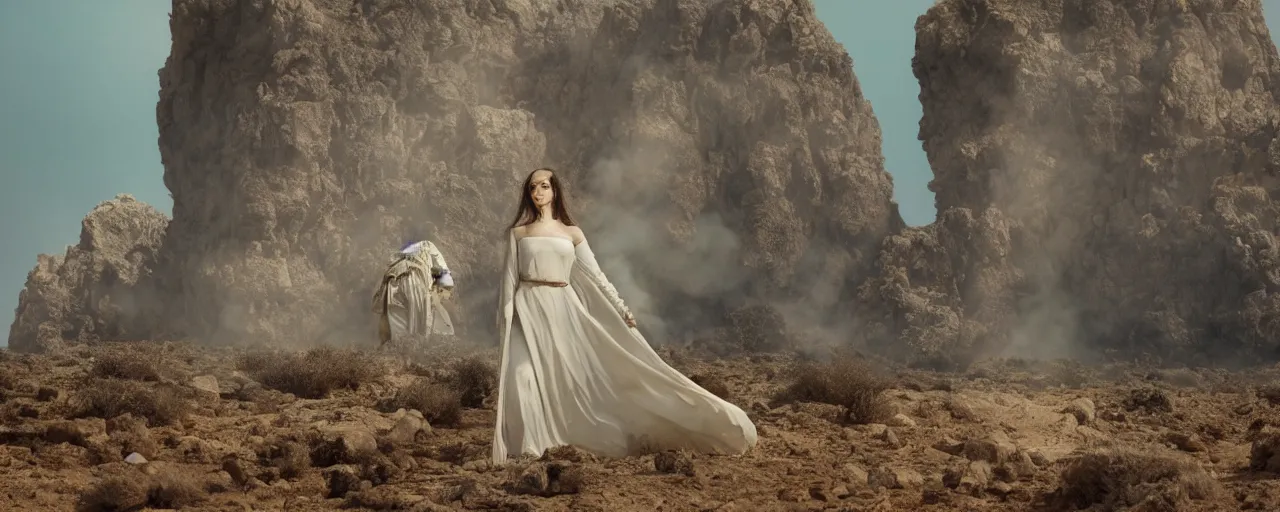 Image similar to The full body shot of beautiful pale woman with white flowers and full-face golden mask in a rocky desert landscape, a giant mirror and smoke around her, volumetric lighting, fire, multiple eyes and dry earth by Denis Villeneuve, Lubezki, Gaspar Noe and Christopher Doyle, anamorphic lens, anamorphic lens flares, kodakchrome, cinematic composition, practical effects, award winning photo, 8k