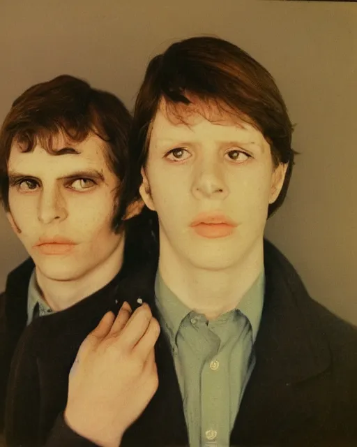 Prompt: an instant photo of two beautiful but sinister young men wearing oxford shirts in layers of fear, with haunted eyes and dark hair, 1 9 7 0 s, seventies, wallpaper, a little blood, morning light showing injuries, delicate embellishments, painterly, offset printing technique, by brom, robert henri, walter popp