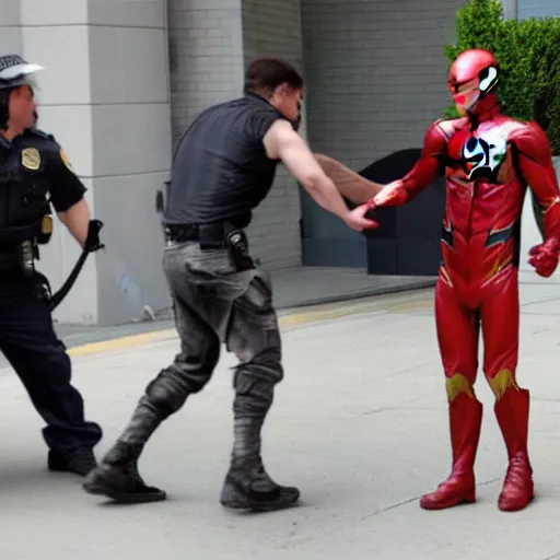 Image similar to ultra realistic photograph of angry Ezra Miller wearing flash costume being arrested by FBI outside Warner Bros Studio, 4K