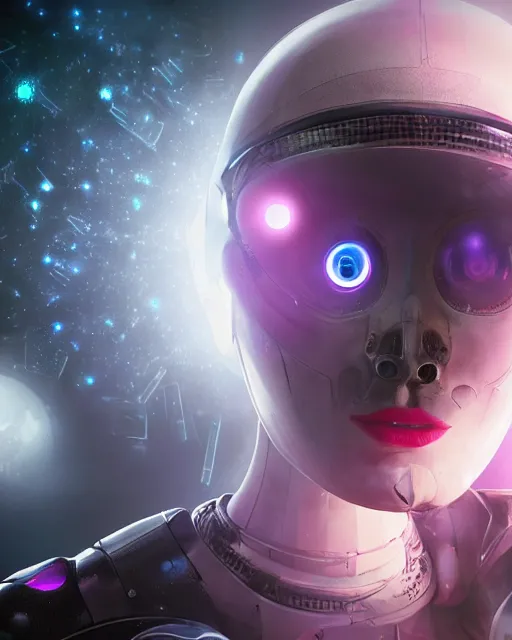 Image similar to A female cyborg extraterrestrial warrior with beaming nebulous eyes writing on a three-dimensional computer hologram, inside her spacecrft as backdrop, insanely detailed, digital art