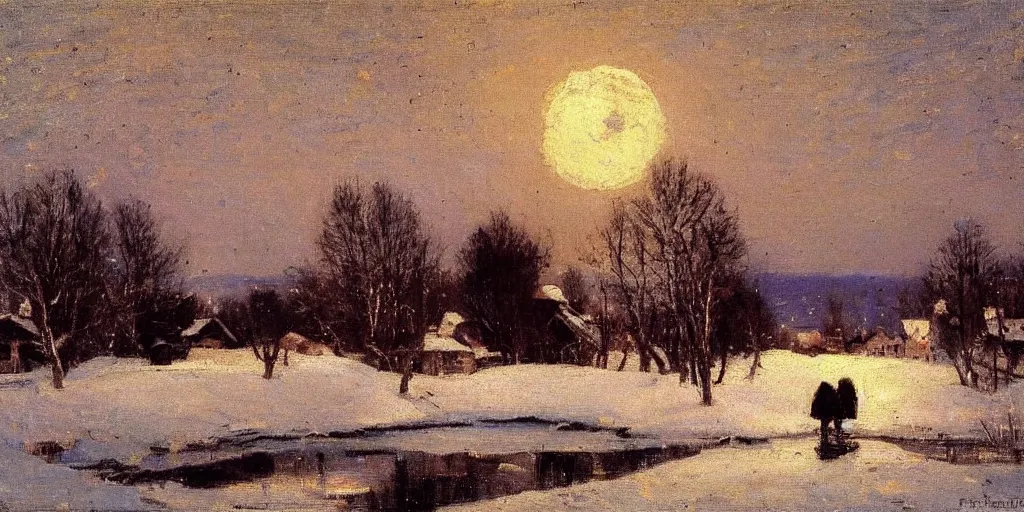 Image similar to a scene of a small rural russian village at night, stars, moon, wintertime, painting by frank weston benson