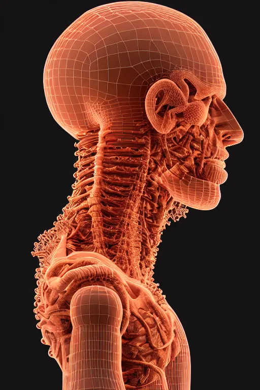 Image similar to 3D render of a rugged profile face portrait of a male cyborg, 150 mm, capacitors, Mandelbrot fractal, anatomical, flesh, facial muscles, neon wires, microchip, veins, arteries, full frame, microscopic, elegant, highly detailed, flesh ornate, elegant, high fashion, rim light, octane render in the style of H.R. Giger and Bouguereau