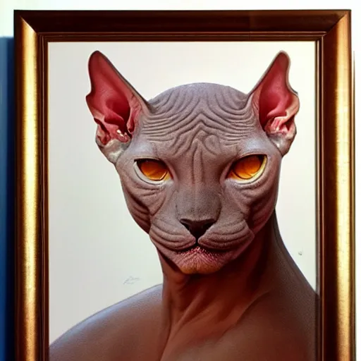 Image similar to ultra realistic head and shoulders portrait painting of tom selleck as a sphynx cat, art by frank frazetta, 4 k, ultra realistic, highly detailed, epic lighting