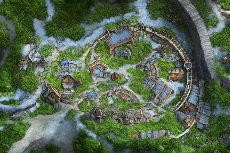 Image similar to A small elven village arranged in a circular pattern in an open field, a winding white pathwalk and a small brook running through, clear blue skies in the background, by Artgerm and Todd Shorr, D&D, high fantasy, 8k photorealistic, cinematic lighting, HD, high details, concept art, trending on artstation