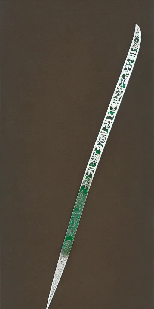 Image similar to a katana in the style of zdzisław beksinski, elegant, silver and emerald inlay, flower motif, deadly weapon