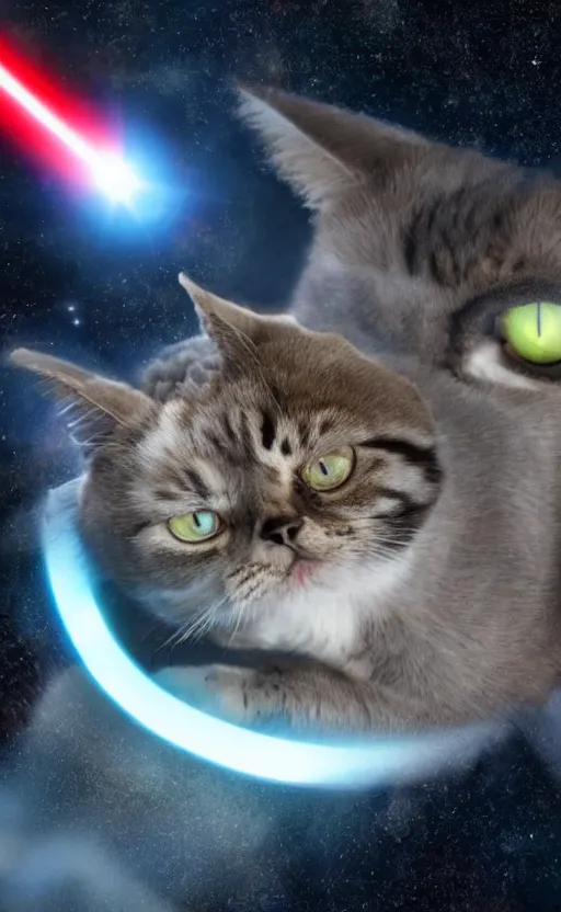 Prompt: A cat with anomalously giant eyes fires lasers from its eyes into the Death Star, realistic, photo, 8k, detailed, high resolution