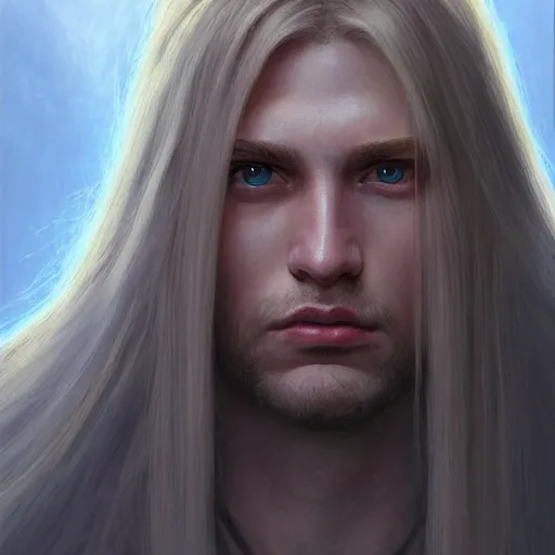 Image similar to 2 7 year old male with blue eyes and long straight blonde hair no beard as a fantasy d & d character, closeup portrait art by donato giancola and greg rutkowski, face, digital art, trending on artstation, symmetry!!