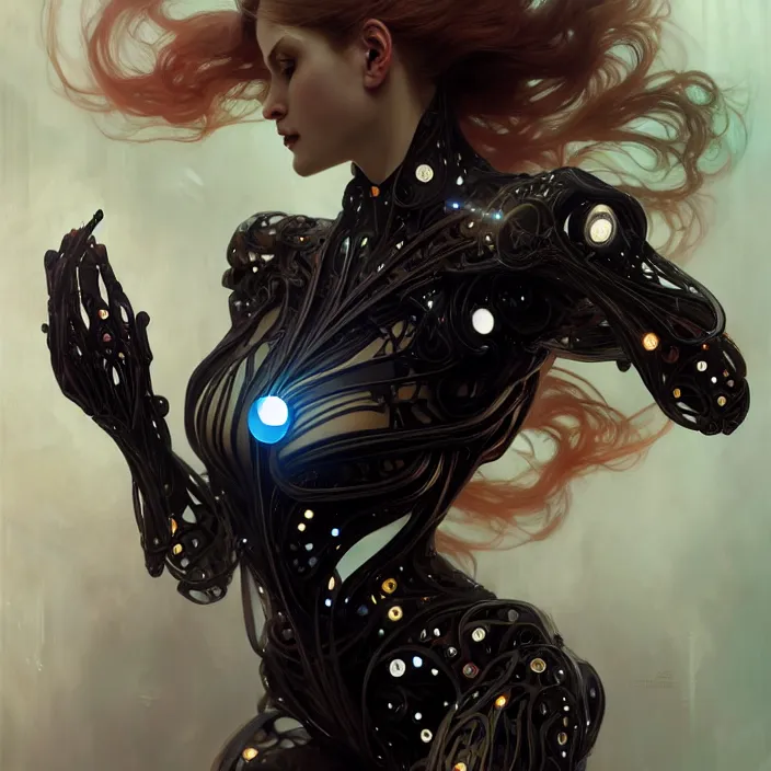 Image similar to organic cyborg, black plastic, diffuse lighting, fantasy, intricate, elegant, highly detailed, lifelike, photorealistic, digital painting, artstation, illustration, concept art, smooth, sharp focus, art by john collier and albert aublet and krenz cushart and artem demura and alphonse mucha