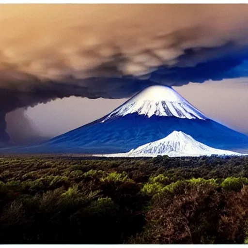 Prompt: God coming down from the sky while a Volcanoe erupts in the background, hyper realistic, HD, HQ, photo realistic, stunning