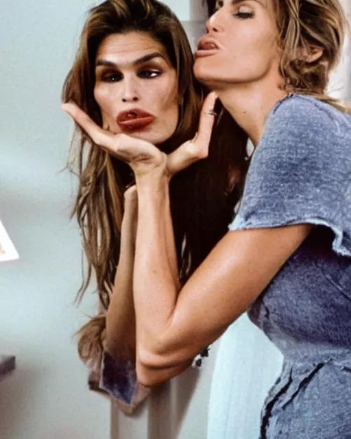 Image similar to a realistic photo of Cindy Crawford kissing herself