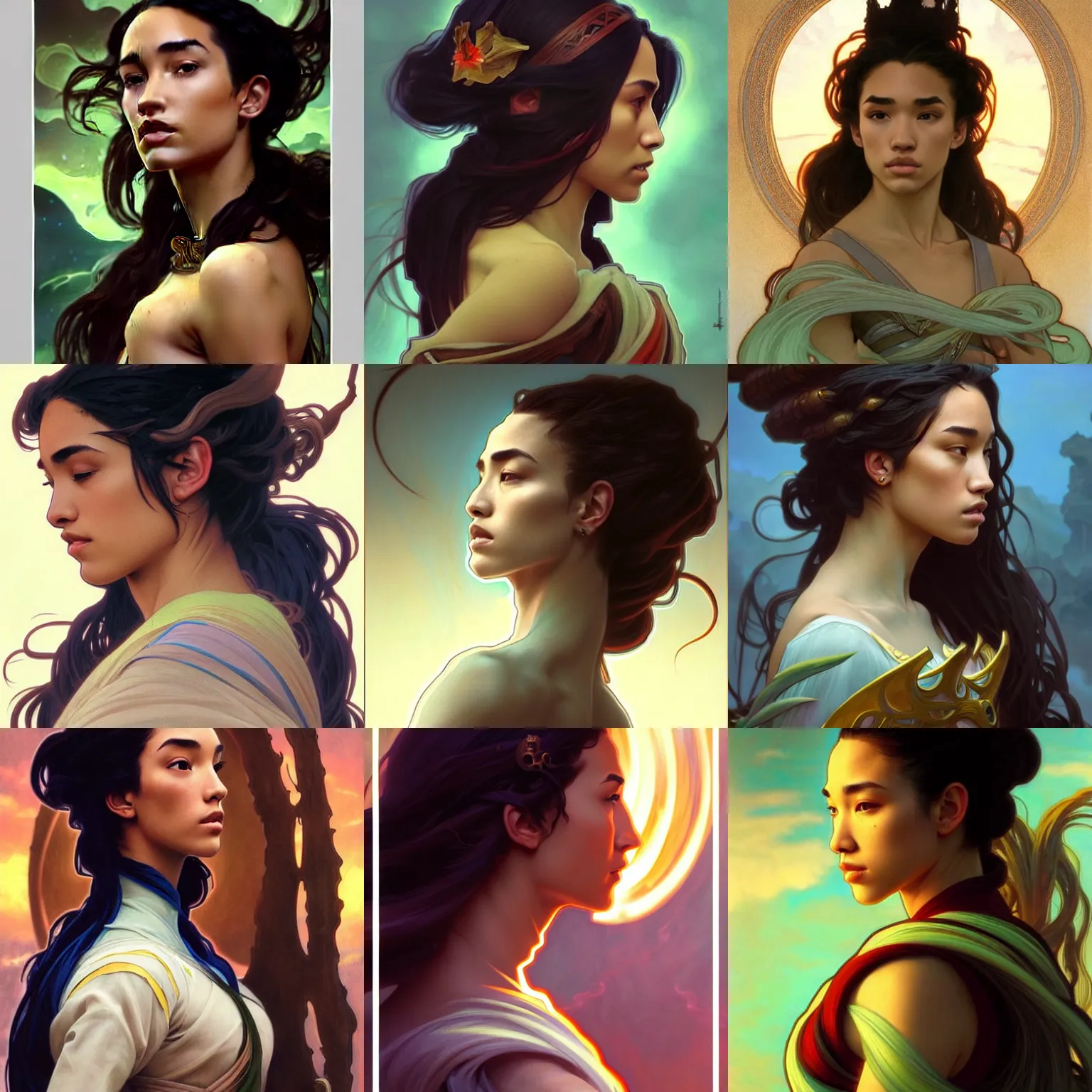 Image similar to side profile centered painted portrait, Adrianne Ho as a wind sorcerer, D&D, cell-shaded, matte painting concept art, bright backlit, official fanart, 4k, Pinterest, by Alphonse Mucha - H 704