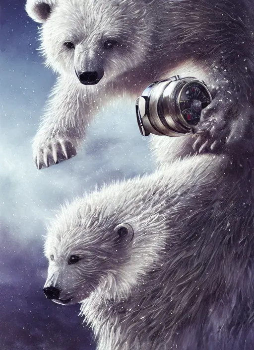 Image similar to white furry polar bear, steampunk googles, highly detailed, unreal engine 5, cinematic, 8 k, by megan duncanson, benjamin lacombe, adrian borda, stanley artgermm, tom bagshaw, craig mullins, carne griffiths, ayami kojima, beksinski, giger, trending on deviantart, hyper detailed, horror, full of colour