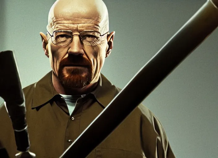 Prompt: film still of Walter White as Gordan Freeman holding a crowbar in the Half Life Movie, 4k