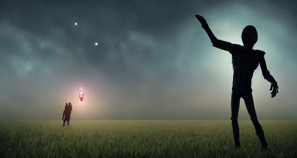 Image similar to Alien UFO abducting man in the middle of a field at night, atmospheric, symmetrical composition, artstation