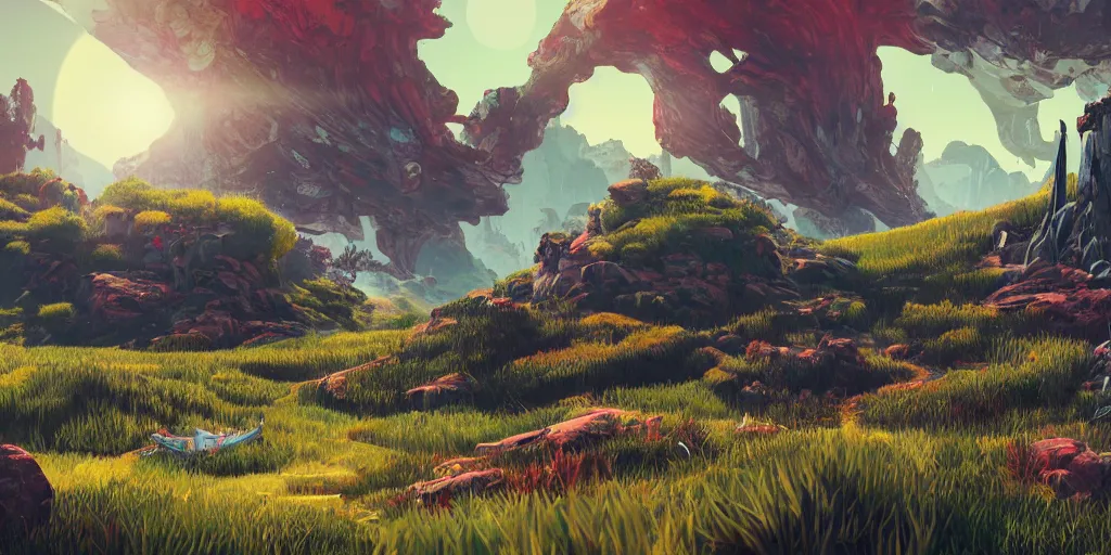 Image similar to 3d rendered landscape with a lot of details by james jean in no mans sky style , redshift, octane