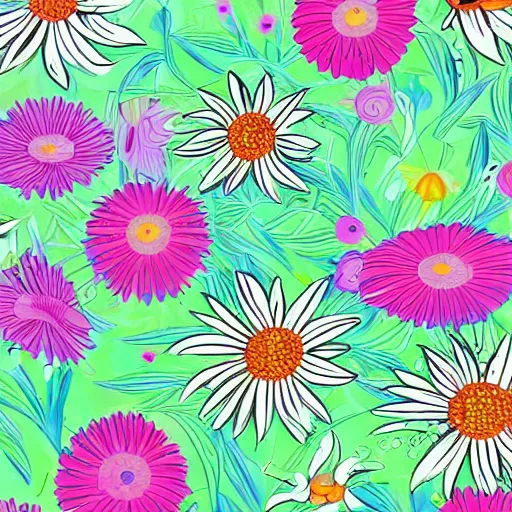 Prompt: highly detailed daisy pattern in the style of old botanical illustrations, matisse, lisa frank, and japanese art, 4 k