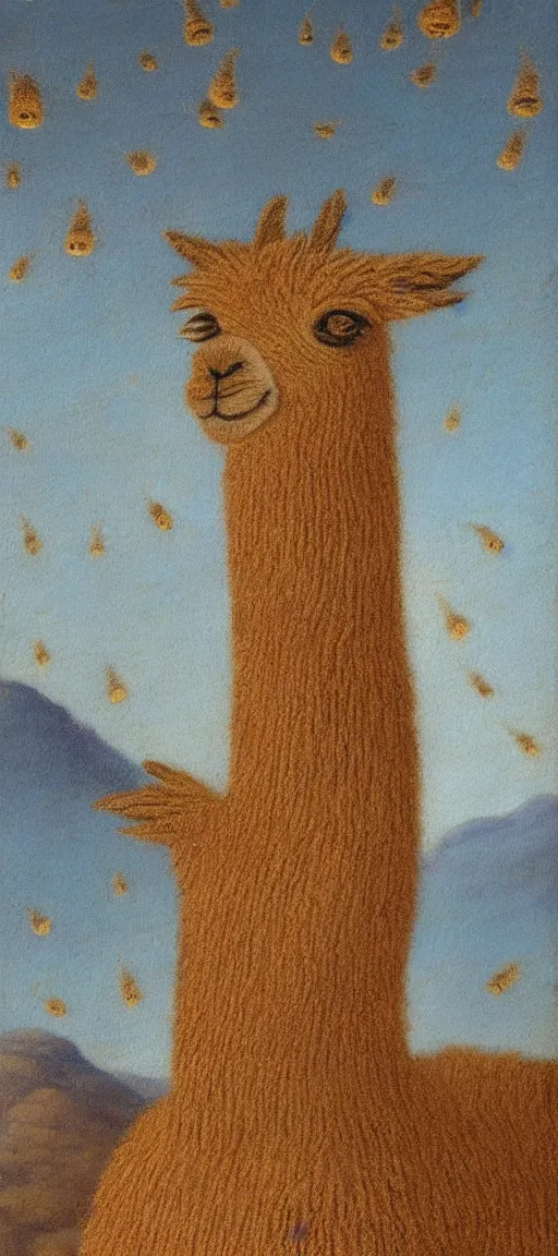 Image similar to detailed renaissance oil painting of an alpaca shaped building standing in the desert of pastel feathers lit by small fireflies at night