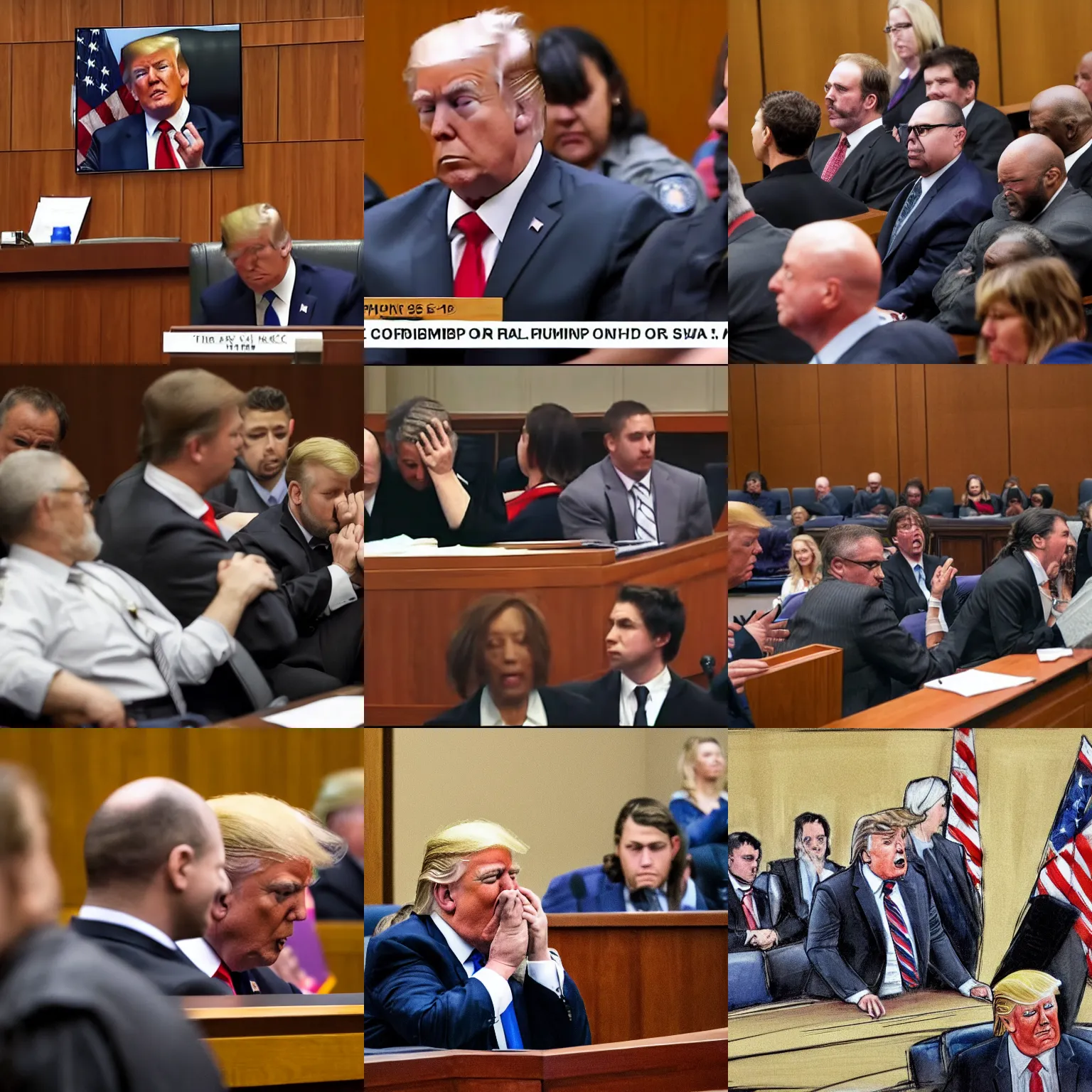 Prompt: courtroom scene, trump crying, everybody laughing