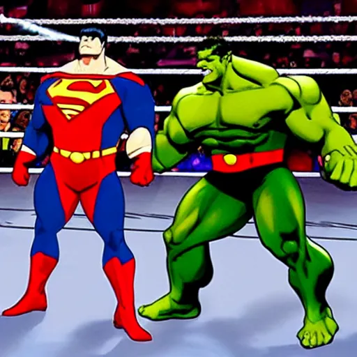 Image similar to supermen and hulk at WWE smacking down Vince McMahon