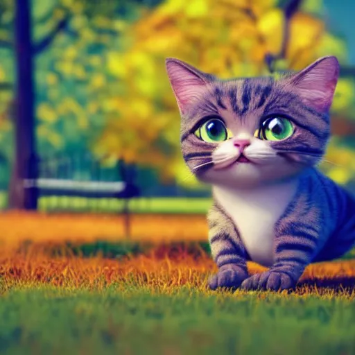 Image similar to cute adorable happy cat playing in the park in autumn, pixar style, disney style, tilt shift, octane render, cgsociety