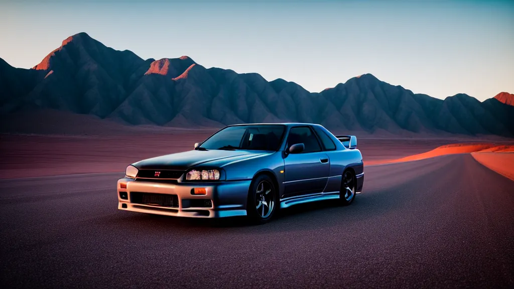 Image similar to three quarter front photo of a stock dark grey nissan r 3 2 skyline gtr on a road in a desert with a mountain in the background in the early morning, car photography, zoom lens, blue hour, photorealistic