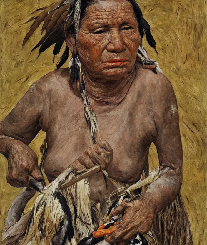 Image similar to indigenous woman hunting, painted by lucian freud, hd, super detailed, realistic, muted colors