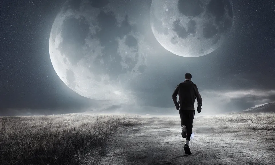 Image similar to a lonely man was running alone beneath the gaint moon,featured in artstation, cinematic, elegant, 8k