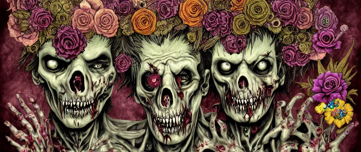 Prompt: zombie, punk rock, young male, grotesque, grotto, multicolored faces, fruit and flowers, gemstones for eyes, botanical, vanitas, sculptural, cartoon style, baroque, rococo, intricate detail, spiral, ornamental, kaleidoscopic, soft, atmospheric, frank frazetta