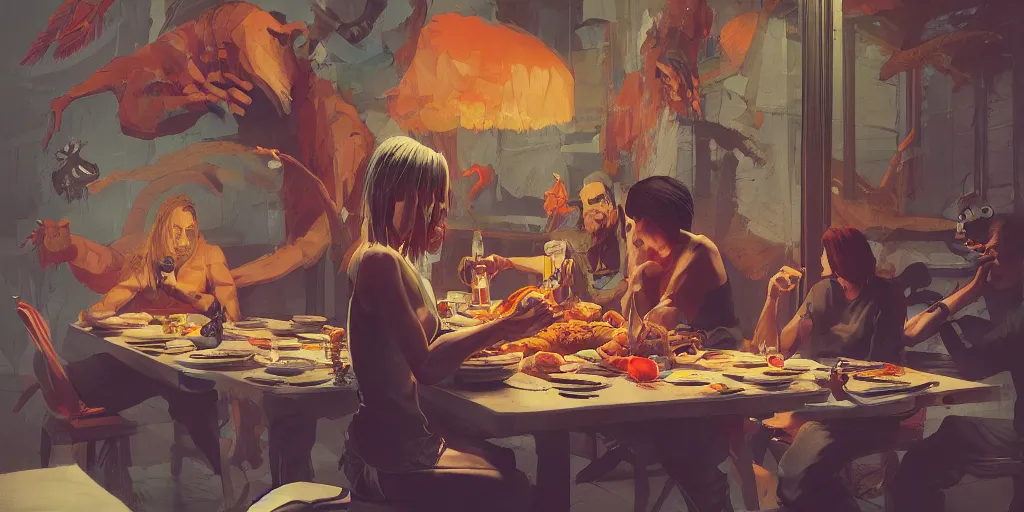 Prompt: cartoonish iggy pop eating dinner, vivid colors, character sheet, fine details, concept design, contrast, kim jung gi, greg rutkowski, trending on artstation, 8 k, full body, turnaround, front view, back view, ultra wide angle