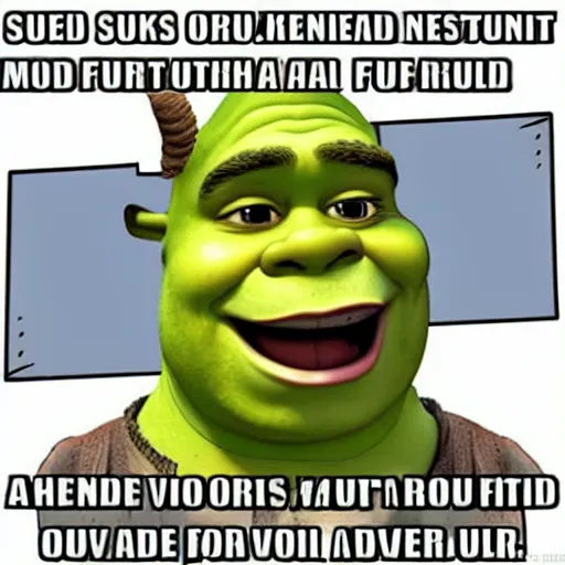 Prompt: shrek in a business suit informing you that you overdrafted your stinky bog mud account and until the debt is repaid in full you are in big trouble mister