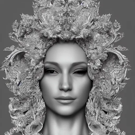 Image similar to beatifull face portrait of a woman, 150 mm, anatomical, flesh, flowers, mandelbrot fractal, facial muscles, veins, arteries, intricate, golden ratio, full frame, microscopic, elegant, highly detailed, ornate, ornament, sculpture, elegant , luxury, beautifully lit, ray trace, octane render in the style of peter Gric , alex grey and Romero Ressendi