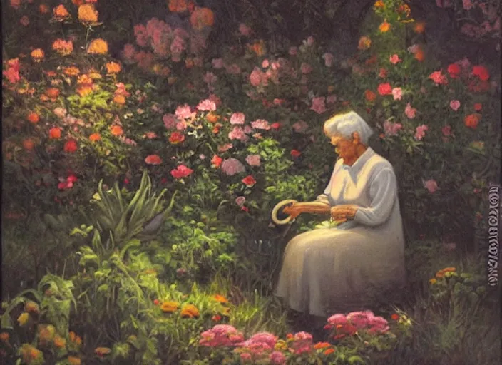 Prompt: oil painting by ralph maquarrie of an old lady tending to her garden at night, garden full of flowers