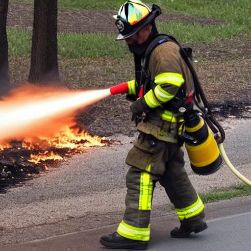 Image similar to a firefighter extinguishing a fire with a flamethrower