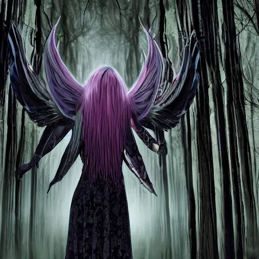 Prompt: ultrarealistic horrific, beautiful banshee with brightly shining wings and long white hair imprisoned in a very dark nearly lightless, sombre, horrific forest