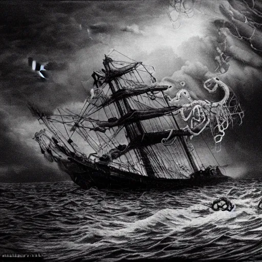 Image similar to a highly detailed hyperrealistic scene of a ship being attacked by giant squid tentacles, jellyfish, squid attack, dark, voluminous clouds, thunder, stormy seas, pirate ship, dark, high contrast, yoji shinkawa, scary, m.c. Escher, highly detailed, brutal, beautiful, octopus arms attacking the ship from the storm, illusion