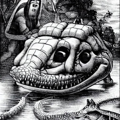 Prompt: crocodile driving a pink cadillac took the wrong exit of the 4 0 5, glenn danzig is hitchhiking on the side of the road, in the style of hieronymus bosch