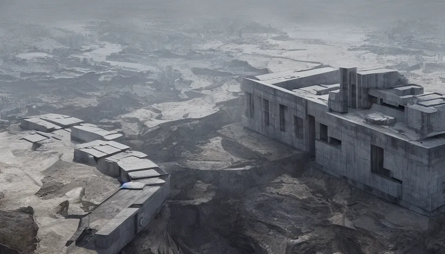 Image similar to big brutalist imperial military base on cliffs, drawing architecture, very long shot, top angle, imperial architecture in rogue one, pritzker architecture prize, brutalism architecture, jan urschel, greig fraser