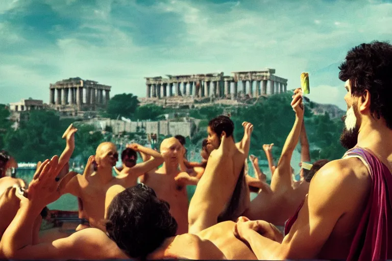 Image similar to Socrates eating a translucent turquoise hemlock popsicle at the last pool party he will ever attend, he is comforted by his disciples, large cloud of fire engulfs him, the acropolis can be seen in the background, in the style of Martin Parr The Last Resort, ring flash closeup photograph