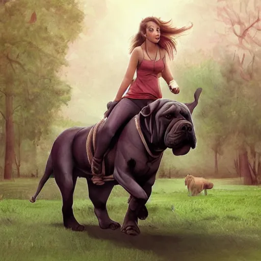 Image similar to girl riding a giant Neapolitan Mastiff in the park, trending on artstation