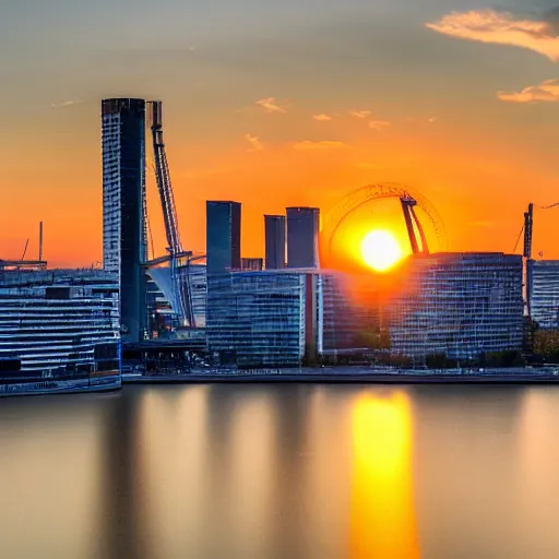 Image similar to award winning photograph of sunrise over rotterdam