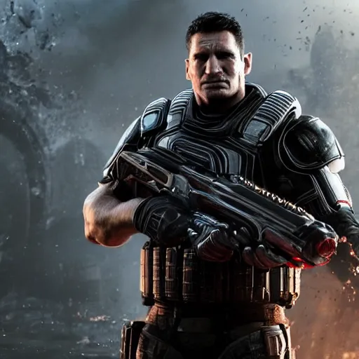 Image similar to Movie still of Donald Trump as ((the punisher)) in Gears of War, splash art, movie still, detailed face, photorealistic facial features, cinematic lighting, dramatic, octane render, long lens, shallow depth of field, bokeh, anamorphic lens flare, 8k, hyper detailed, 35mm film grain