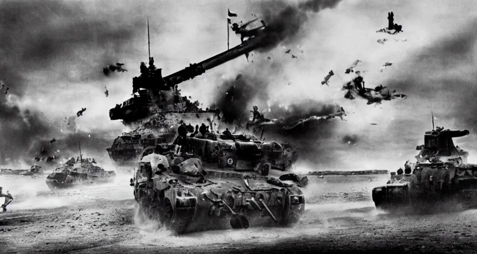 Prompt: omaha beach 1 9 4 4, black and white, battle, explosions, photorealistic, associated press, 2 6 mm, circus clowns