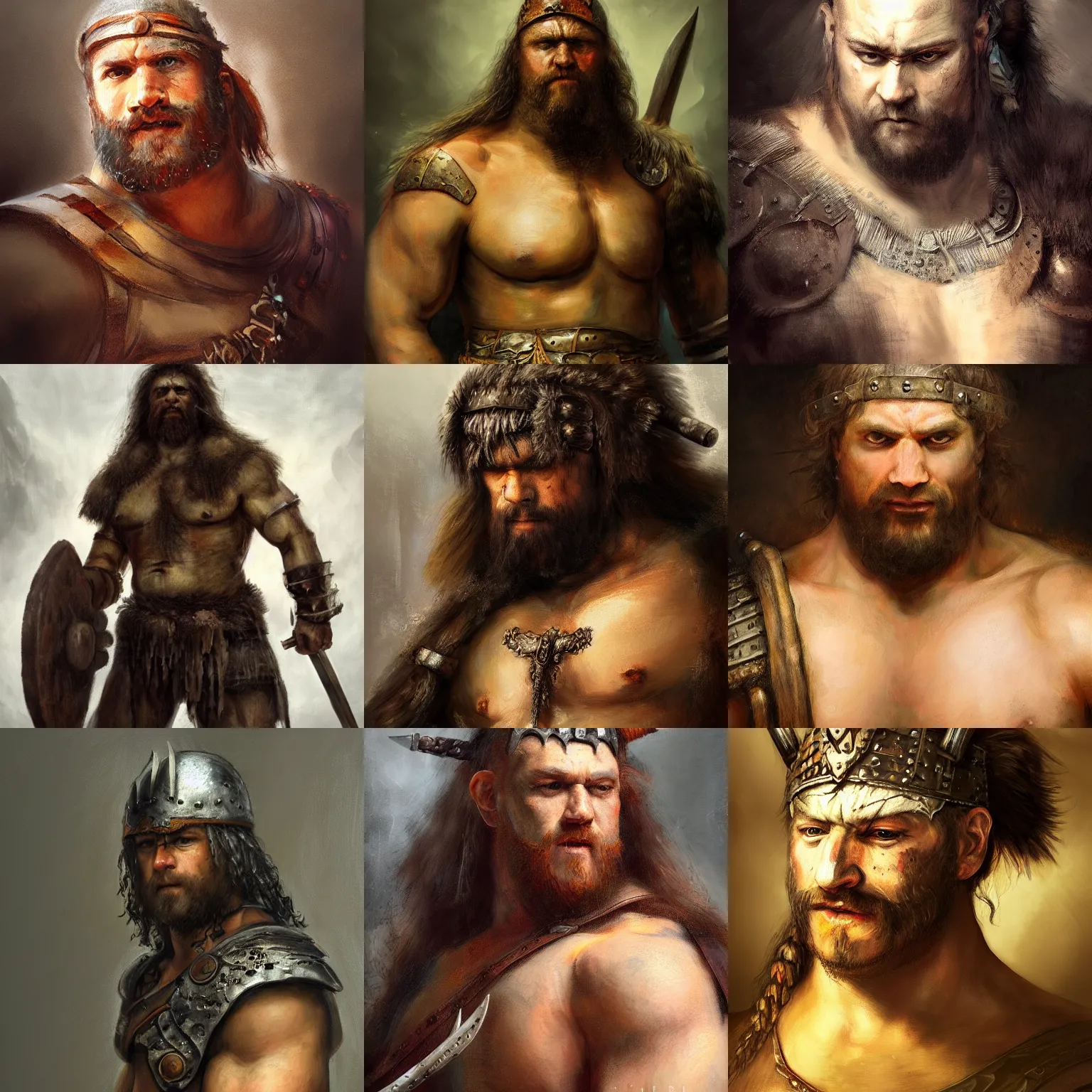 Prompt: detailing character concept portrait painting of brutal barbarian warrior , high fantasy, massive , male, art station, trending, editor’s pickup, delicate detailing by Rembrandt, 3/4 view