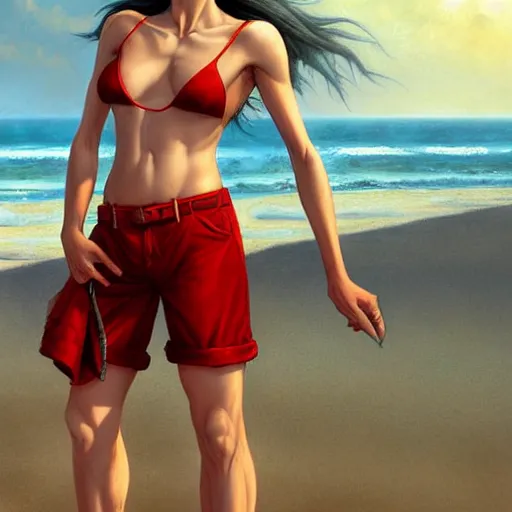 Prompt: a half horse half human creature standimg on the beach,wearing red shorts,anthropomorphic,Character design by charlie bowater, ross tran, artgerm, and makoto shinkai, detailed, inked, western comic book art, 2021 award winning painting,digital art,ultra realistic,ultra detailed,art by greg rutkowski,muscular,detailed face,hyperdetailed,hyperrealistic,detailed face,photorealistic,realistic,4k