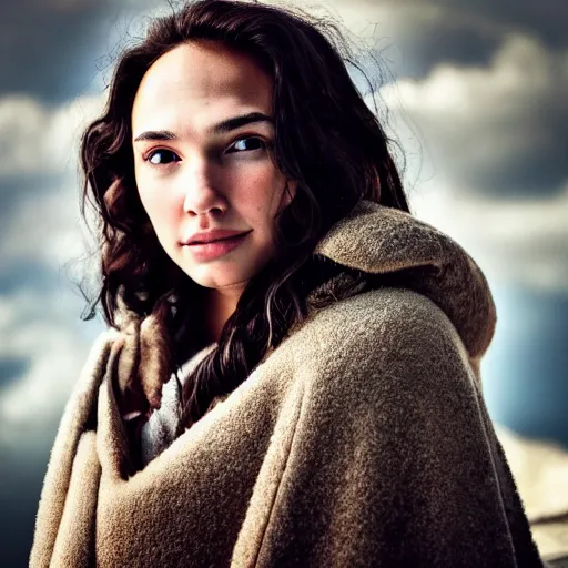 Image similar to a masterpiece portrait photo of a beautiful young woman who looks like an eskimo gal gadot, symmetrical face, random background scene