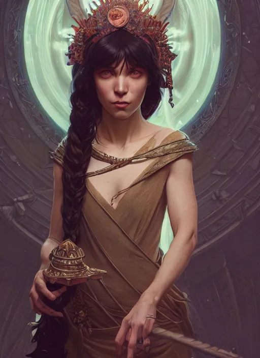 Image similar to highly detailed vfx portrait of a sorceress, unreal engine, greg rutkowski, only, once, people, makoto shinkai and louis van baerle, ilya kuvshinov, rossdraws, tom bagshaw, alphonse mucha, global lighting, detailed and complex environment