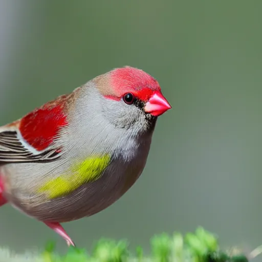 Prompt: a redbrowed finch with a magic wand in it's mouth,