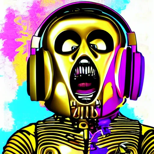 Image similar to artgerm, psychedelic laughing c 3 p 0, rocking out, headphones dj rave, digital artwork, r. crumb, svg vector